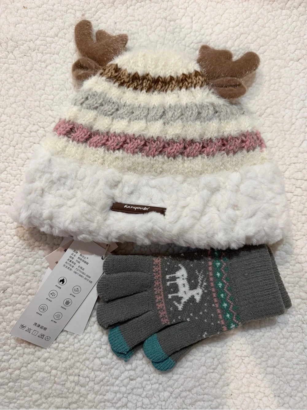 Girls Plush Reindeer Beanie with Knit Gloves - White, Brown & Pink size 68